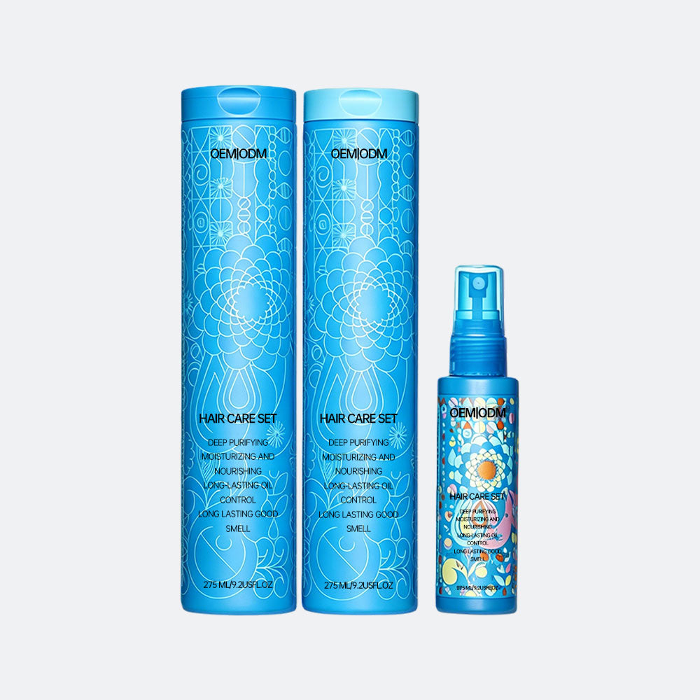Blue Printed Shampoo Conditioner Leave-in Spray Hair Care Set OEM ODM